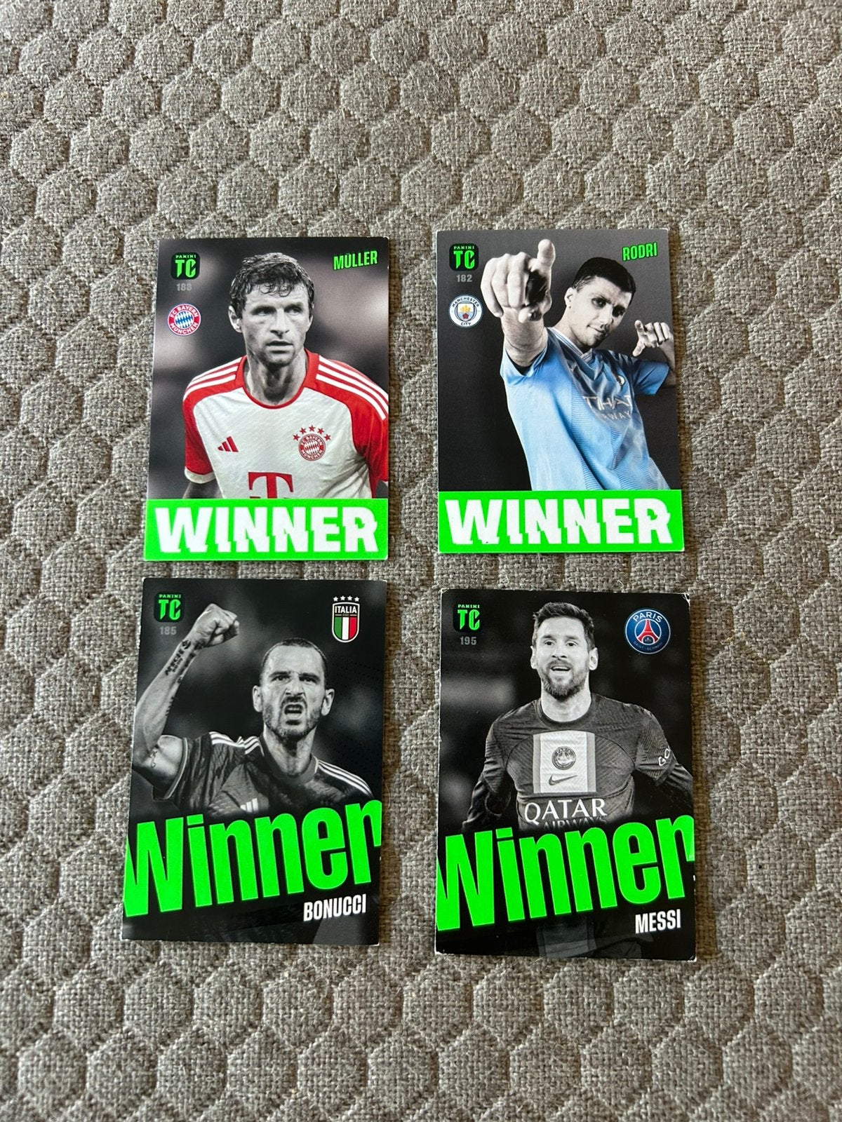 Panini FIFA kaarten Winner Messi Bonucci Muller Rodri, Ophalen of Verzenden, Zo goed als nieuw, Meerdere kaarten