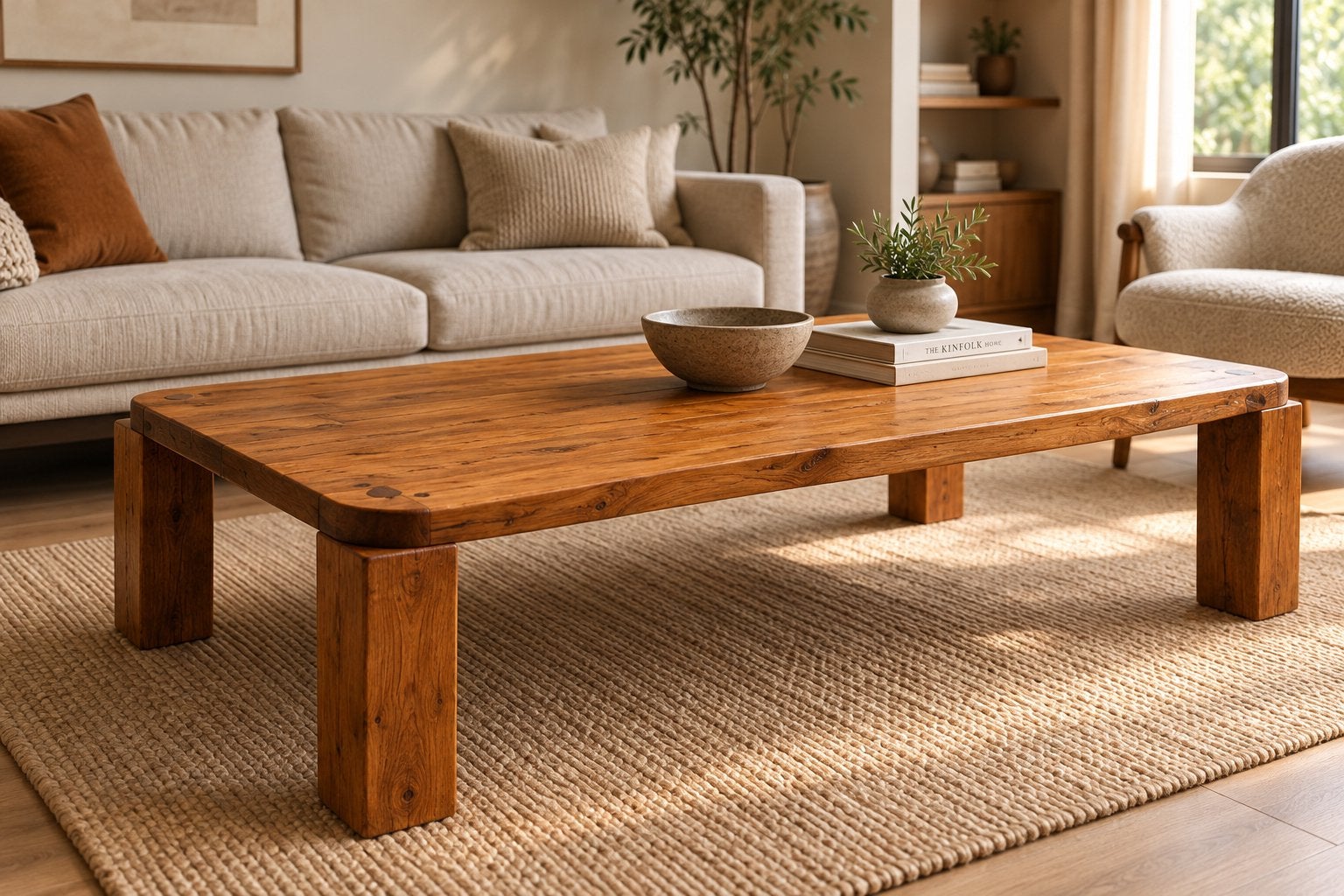 Atlas Coffee – handgemaakte salontafel van massief teak, Ophalen, 100 tot 150 cm, Japandi wabi sabi minimalistisch, Teakhout