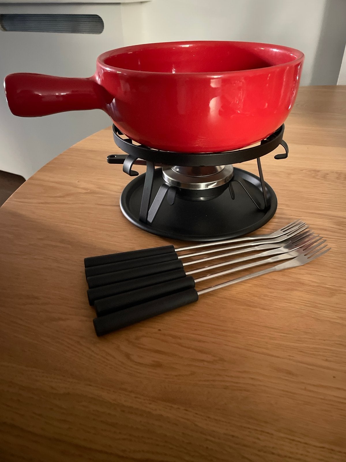 Rode fondueset met brander en 6 vorkjes, Witgoed en Apparatuur, Fonduesets, Ophalen, Gebruikt, Brander, Fondueset