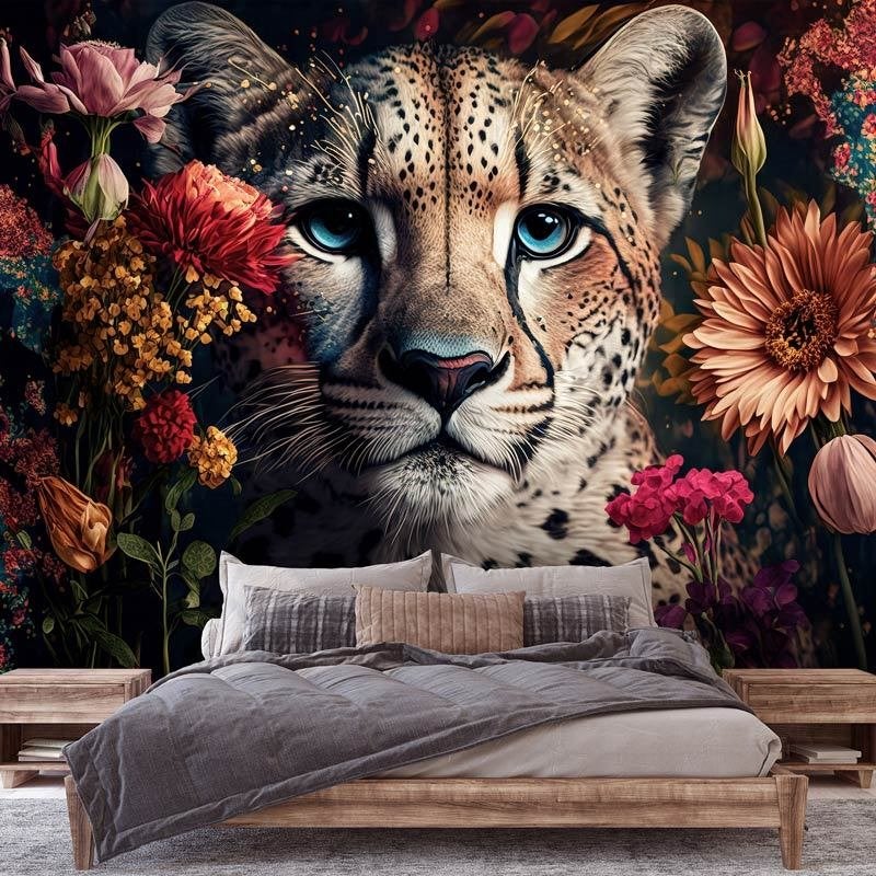 Fotobehang / Behang - Luipaard - Panter en Bloemen, Fotobehangkoning.nl, Geel, Hoogeveen, Info@fotobehangkoning.nl