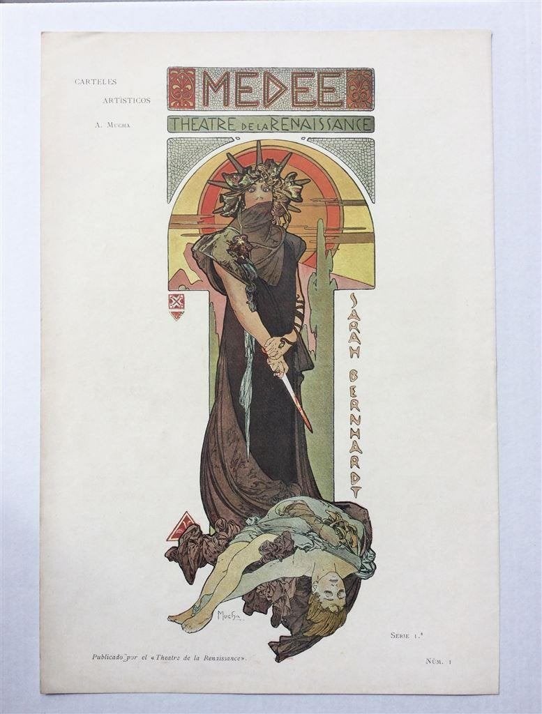 Origineel Alphonse Mucha Medea Sarah Bernhardt Chromo Liitho, Verzenden