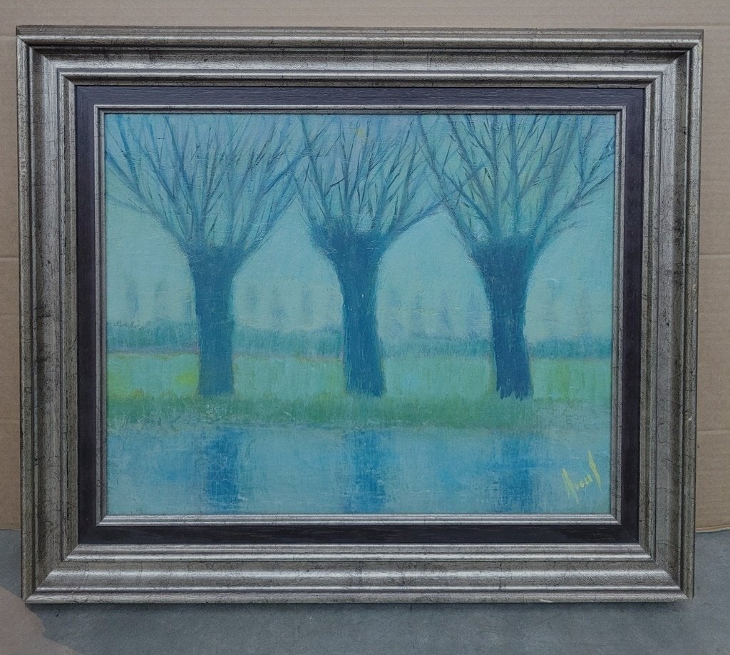 Robert ARENS, langs de waterkant, Antiek en Kunst, Ophalen of Verzenden, Gesigneerd, Olieverf, Paneel