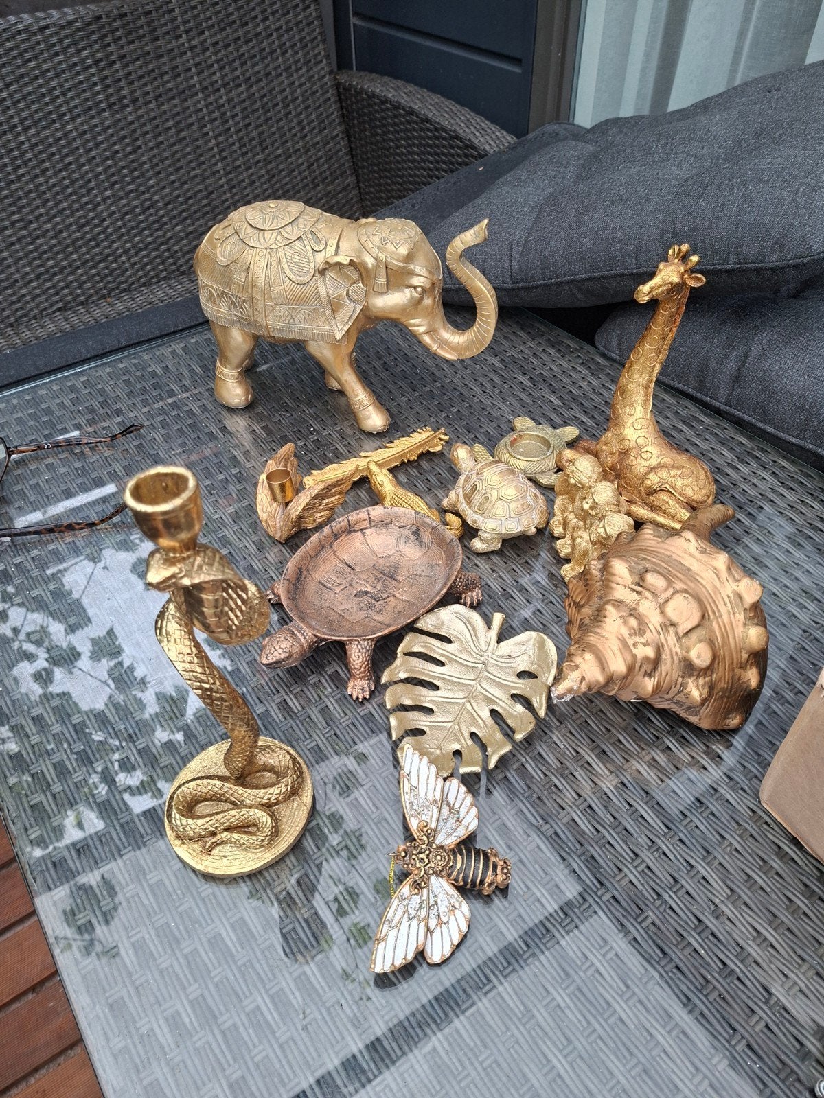 Gouden decoratie set: olifant, giraf, schildpadden, etc., Huis en Inrichting, Ophalen, Gebruikt, Oosters, Goud