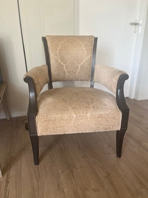 Fauteuill Sucre m. zandkleurig damast/Hout bruinzwart, Ophalen, Gebruikt, Minder dan 75 cm, Stof