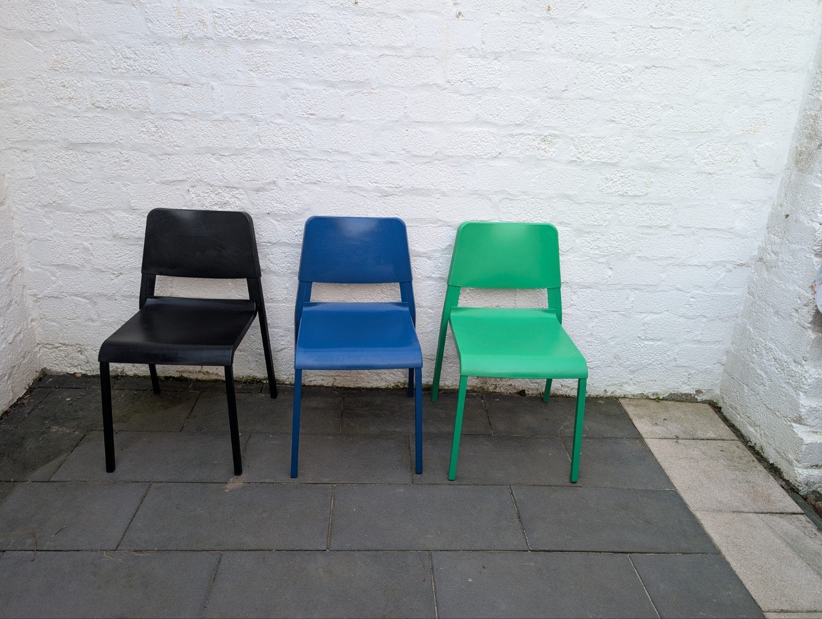 Set van 3 stoelen: zwart, blauw en groen, Huis en Inrichting, Ophalen, Gebruikt, Modern, Speels, Overige kleuren