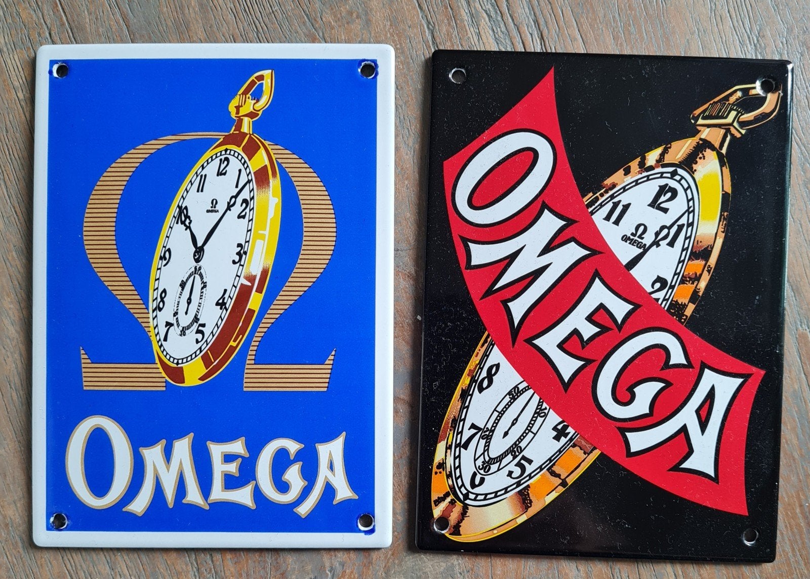 omega emaille 2x, Ophalen of Verzenden, Gebruikt, Reclamebord