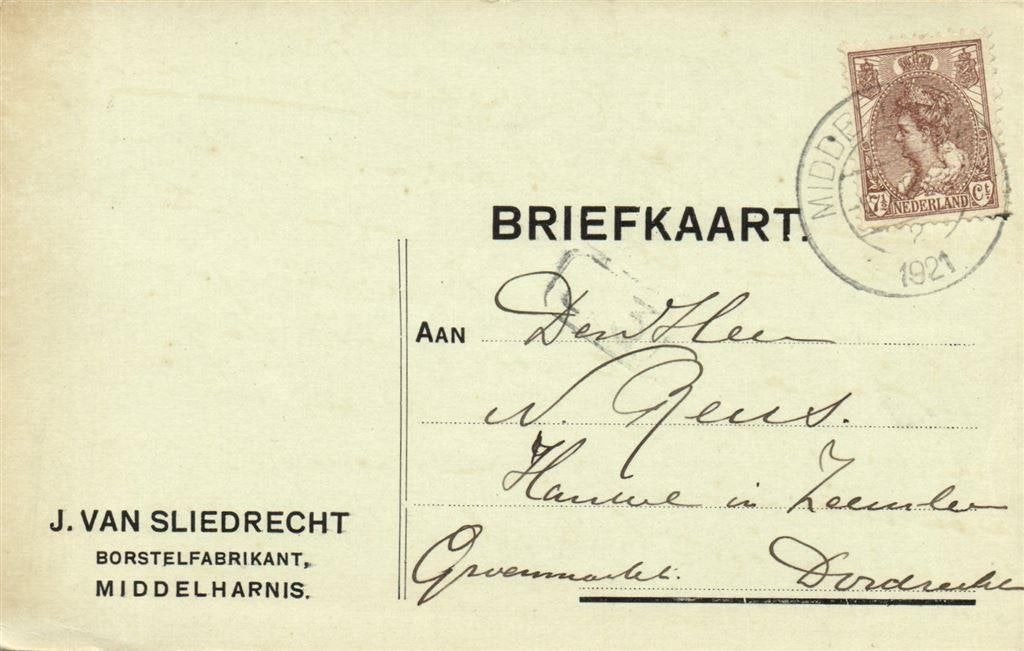 J. van Sliedrecht, Middelharnis - 06.1921 - briefkaart, Ophalen of Verzenden, Briefkaart