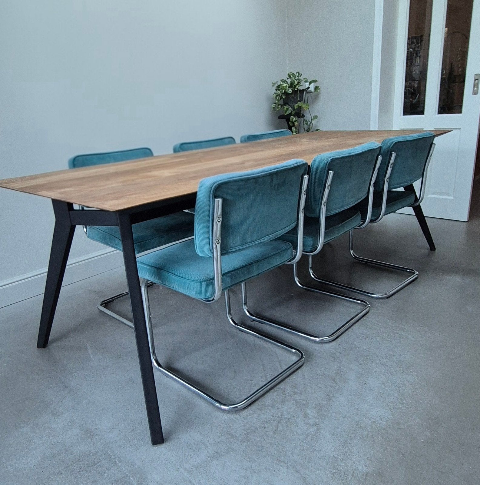 Set van 6 vintage eetkamerstoelen -buisframe- blauw ribflu, Ophalen, Gebruikt, Vintage, Retro, Mid-century modern, Rib stof, Petrol, Turquoise