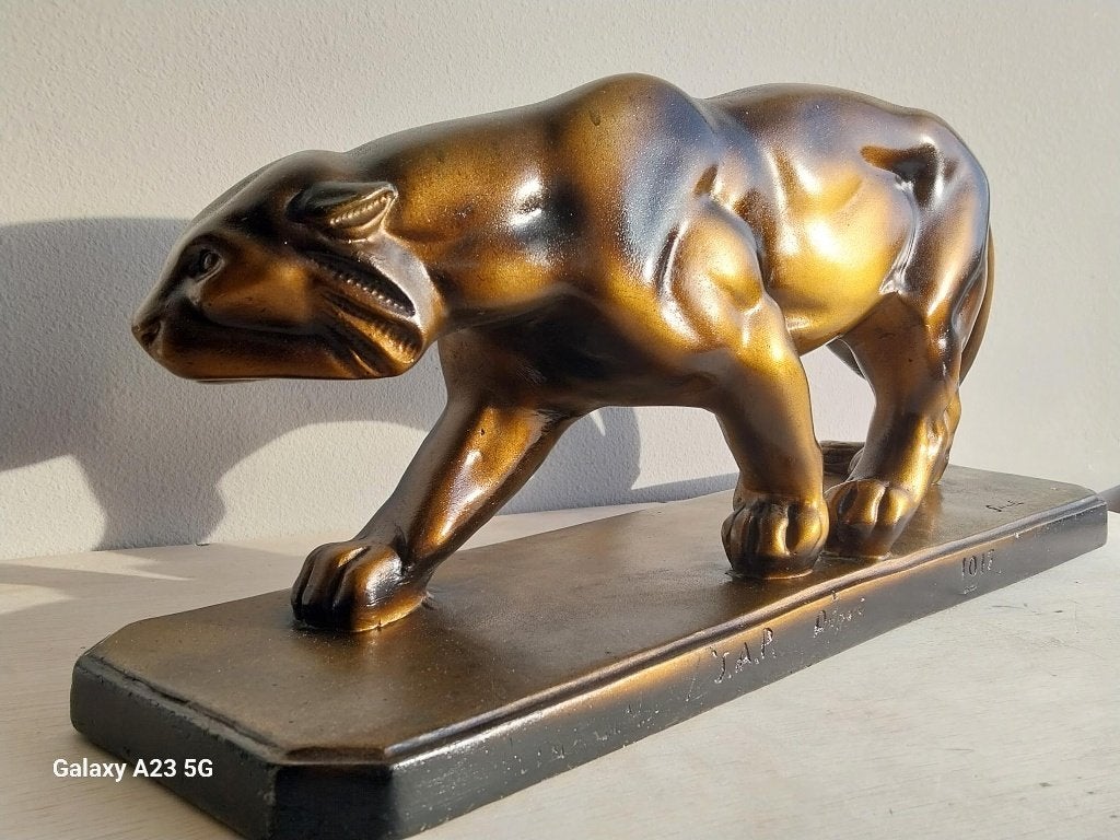 Grote Art Deco panter Santi gesigneerd 54 cm bronspatina, Art deco, Gips, Zoogdier, Bruin