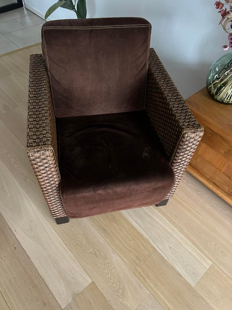 Twee identieke Fauteuils, Huis en Inrichting, Fauteuils, Ophalen, Gebruikt, Loom met  suede stof, 75 tot 100 cm