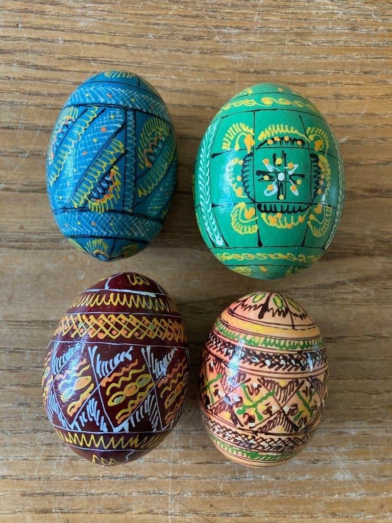 4 Houten handgeschilderde handbeschilderde eieren, Diversen, Pasen, Ophalen of Verzenden, Gebruikt