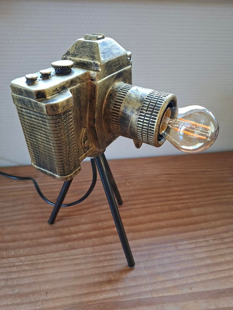 Bronskleurige lamp camera tafellamp bureaulamp, Ophalen of Verzenden
