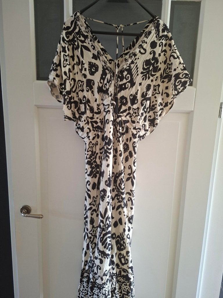 Zwart witte lange jurk, MS mode Festival maat 48 Ibiza stijl, Zwart, Maat 46/48 (XL) of groter, Ophalen of Verzenden, Zo goed als nieuw