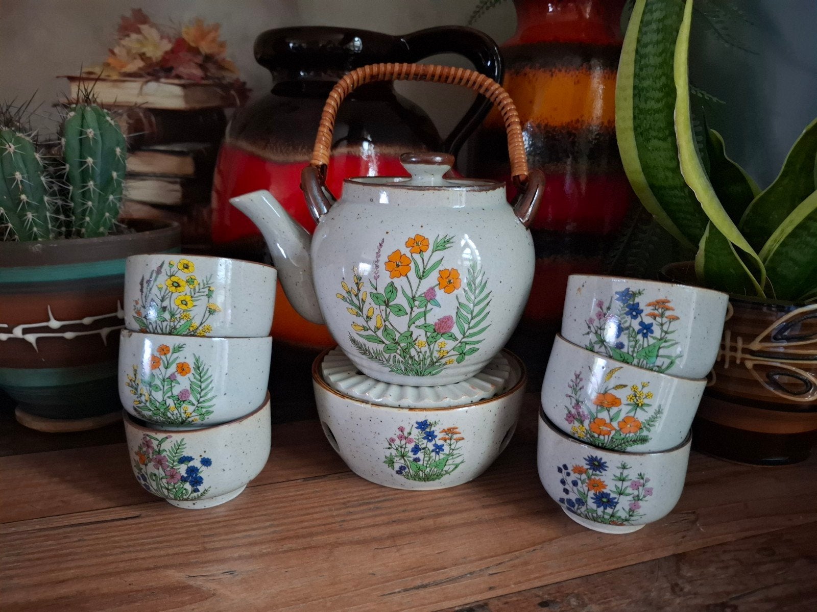 Thee koffie servies Wild Flower jaren 70 vintage, Gebruikt, Ophalen of Verzenden, Overige stijlen, Aardewerk