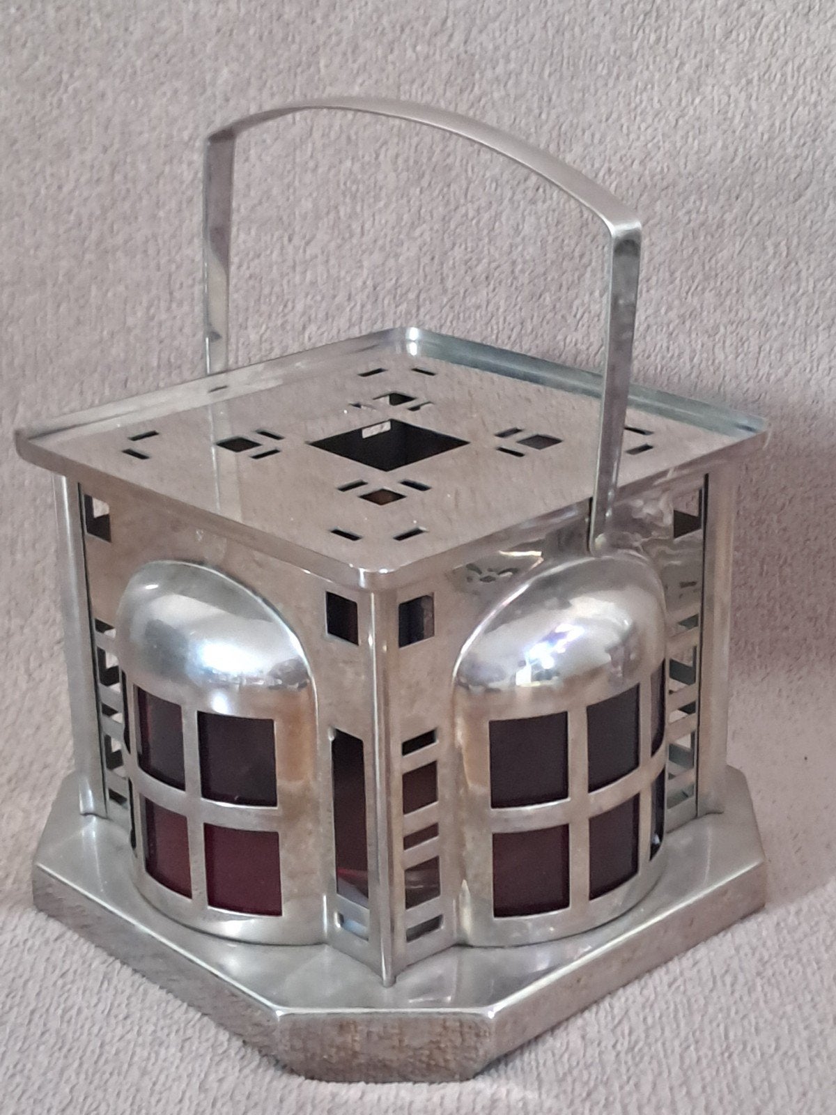 Art Deco theelichtje met donkerrood antiekglas, Ophalen of Verzenden