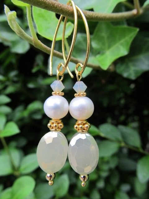 Oorbellen Thysa kristalglas-parel-swarovski goud, Hangers, Beige, Nieuw, Goud