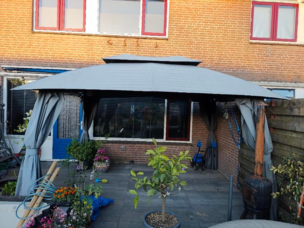 Mooi aluminium paviljoen 4x3m met hor- en dichte gordijnen, Tuin en Terras, Ophalen, Overige soorten, Volle zon