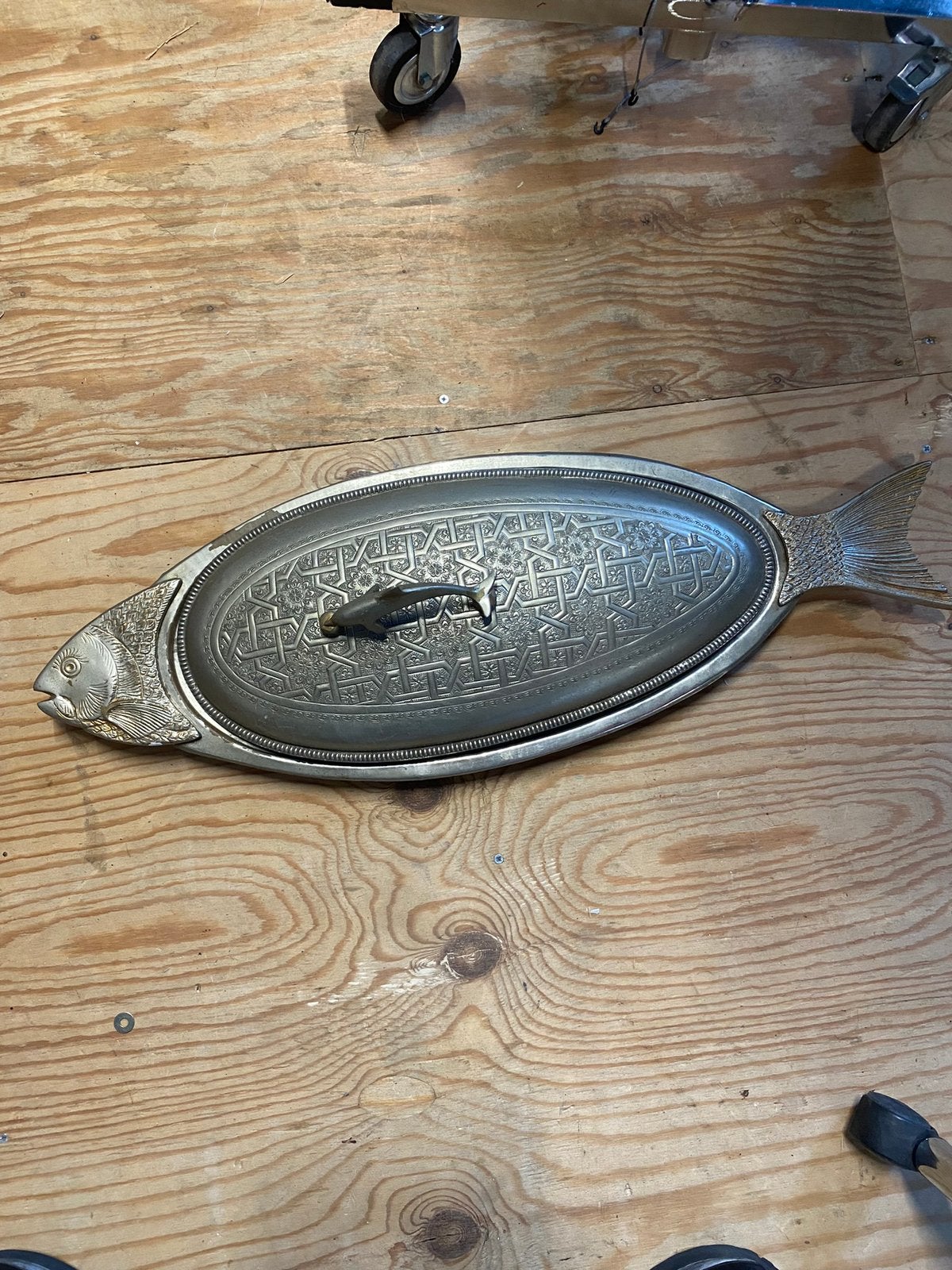 Antiek vis schotel messing bord plaat keuken dienblad, Antiek en Kunst, Verzenden