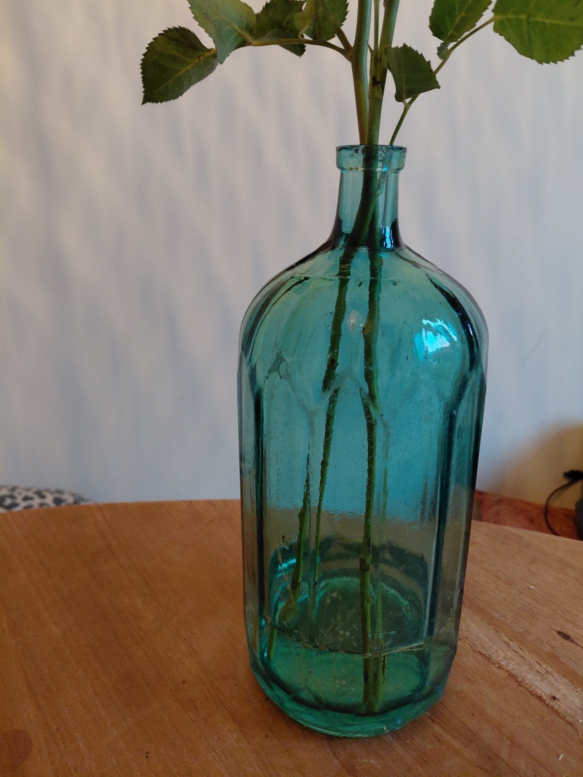 Decoratieve glazen fles groen blauw, 26 cm, Gebruikt, Blauw, Ophalen of Verzenden