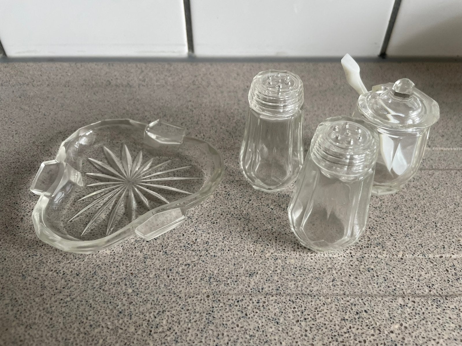 Anieke peper en zout stel glas suiker potje, Antiek en Kunst, Ophalen of Verzenden