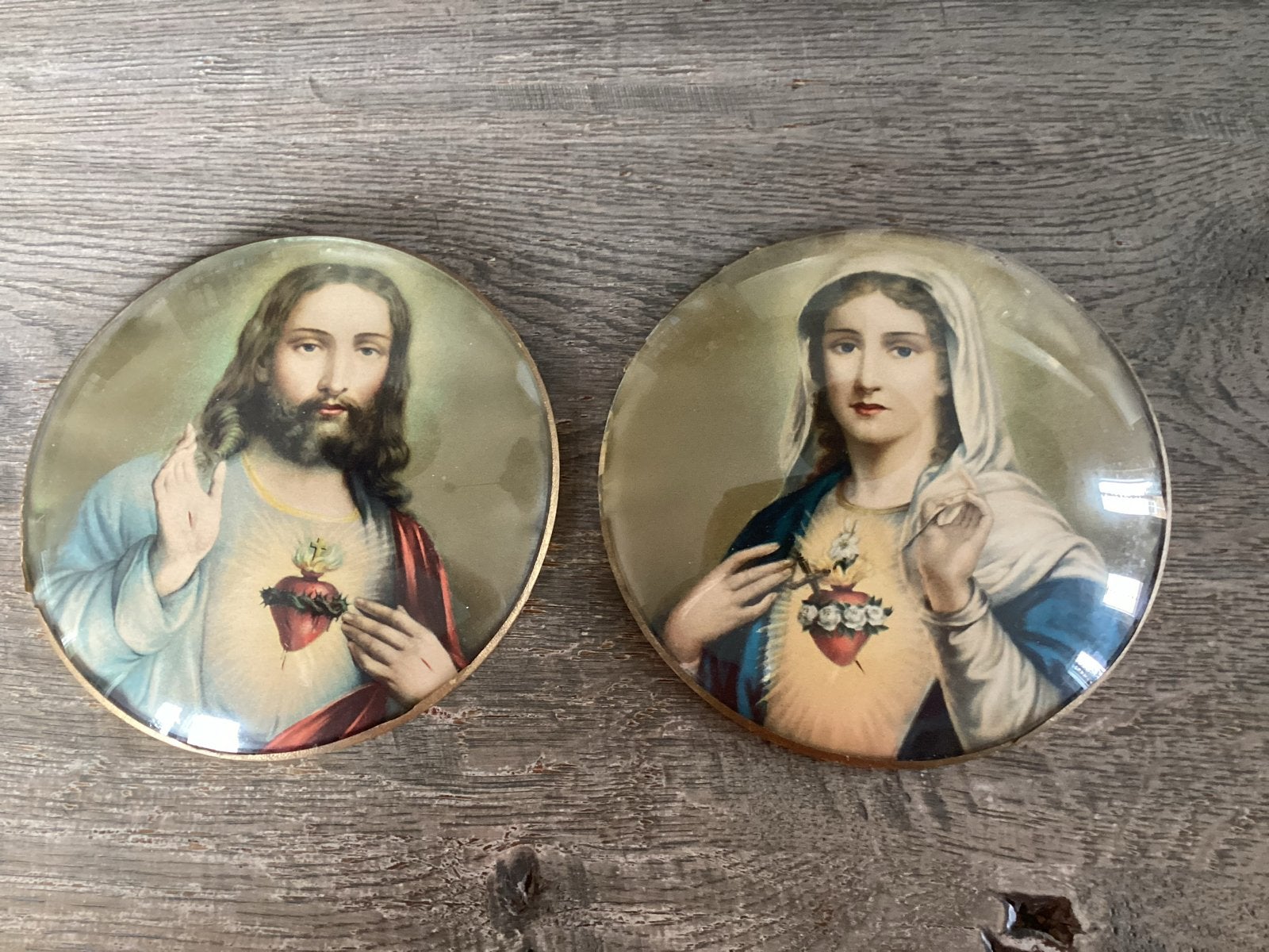 Antieke religieuze afbeeldingen: Jezus en Maria bolglas!, Ophalen of Verzenden