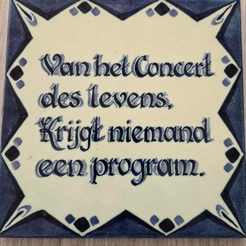 Delfts Blauw tegel met spreuk 'Van het concert des levens', Antiek en Kunst, Antiek | Wandborden en Tegels, Ophalen of Verzenden