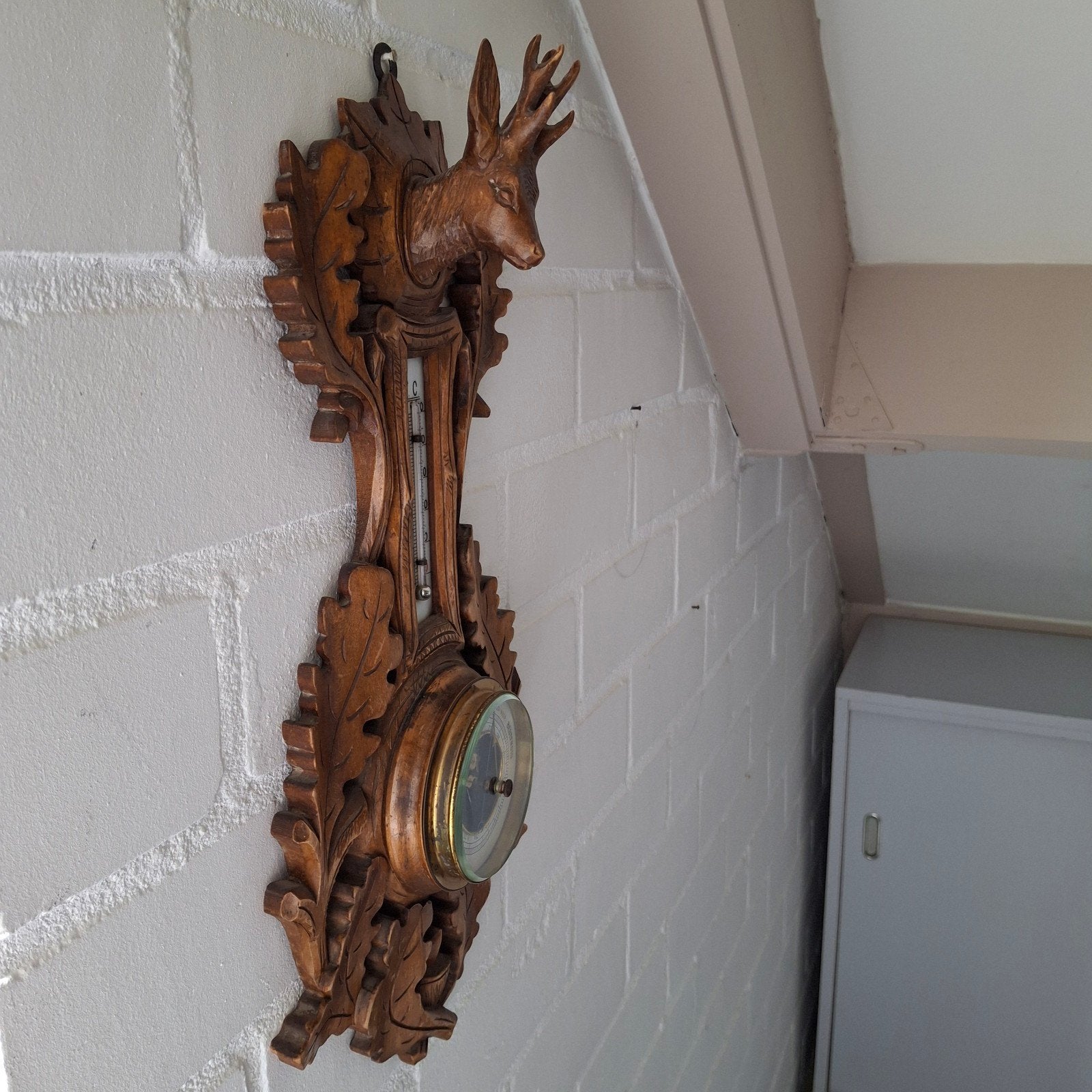 Antieke barometer en thermometer, houtsnijwerk., Ophalen