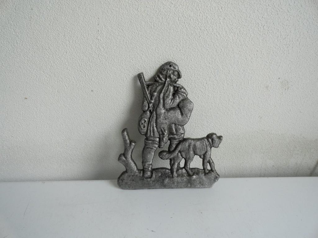 Muurplaatje, wanddecoratie metaal jager met hond, Ophalen of Verzenden