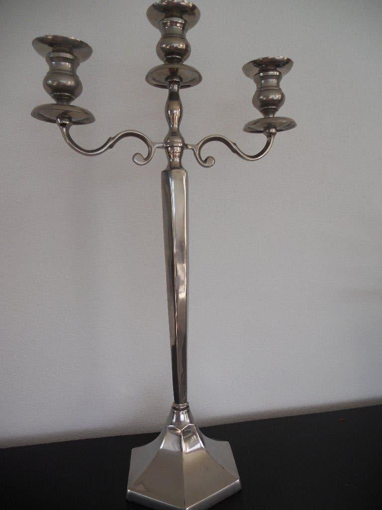 grote RVS kandelaar met 3 armen hoogte 80 cm, Zo goed als nieuw, Metaal, Kandelaar, 80 cm