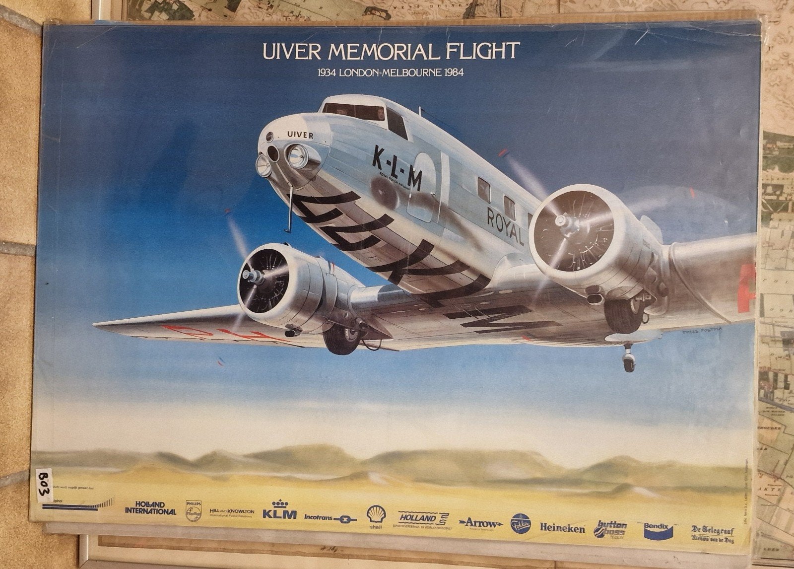 Originele Uiver Memorial Flight KLM poster, Verzamelen, Gebruikt, Rechthoekig Liggend, Ophalen of Verzenden, A1 t/m A3