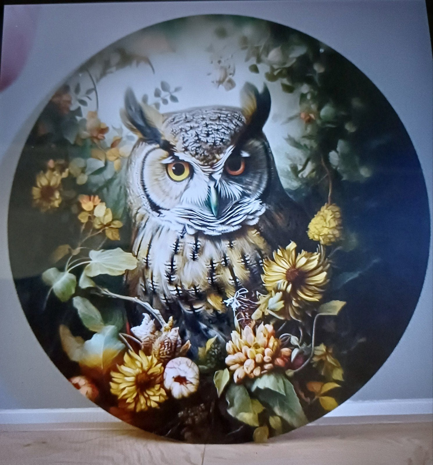 mooi groot schilderij van een uil. Doorsnee 90 cm., Ophalen, Zo goed als nieuw, 75 tot 100 cm, Schilderij