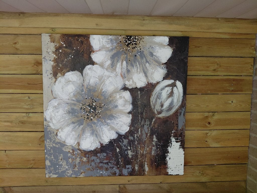 Handgeschilderde bloemen op canvas, Ophalen, Zo goed als nieuw, Schilderij, 100 tot 125 cm