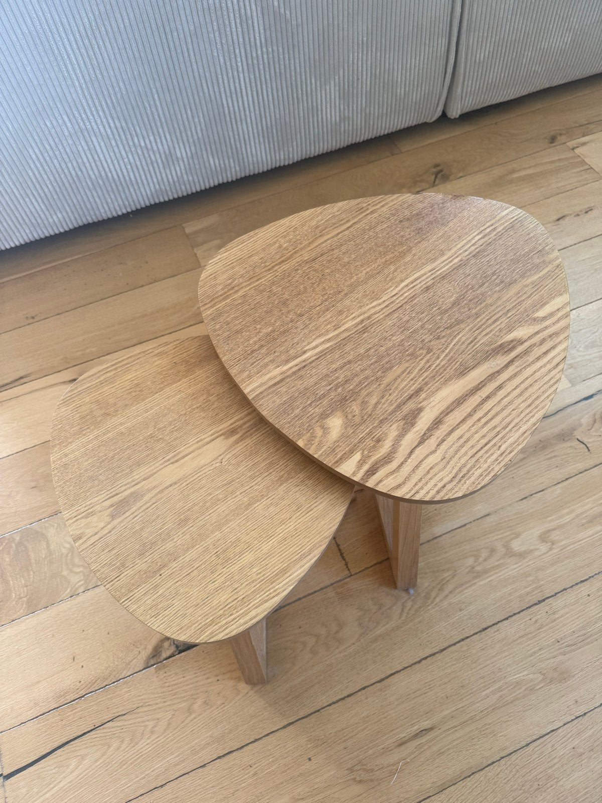 Set van 2 asymmetrische eikenhouten bijzettafels, Ophalen, Minder dan 45 cm, Minder dan 55 cm, Zo goed als nieuw