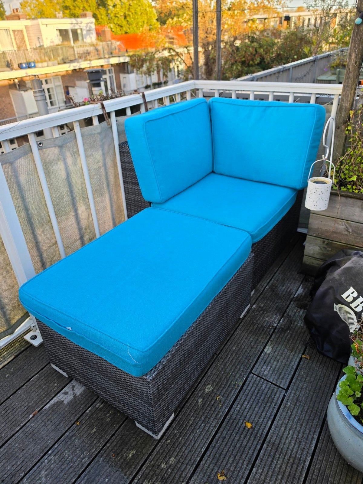4 Seasons Outdoor Loungestoel met hocker en turquoise ku, Gebruikt, Loungeset, Wicker, Hocker