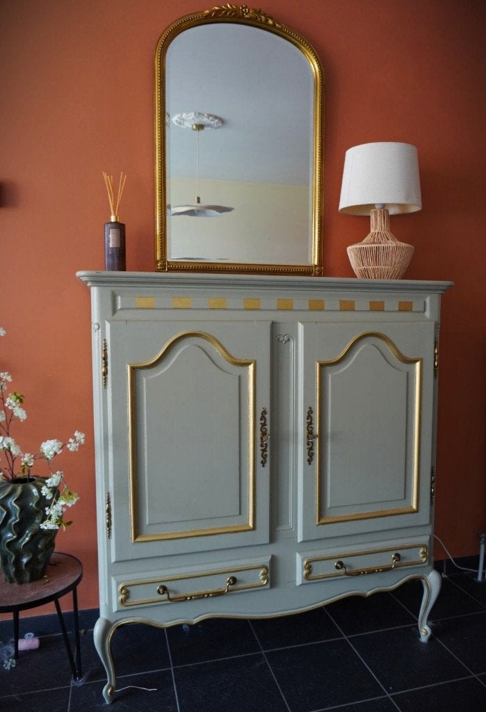 Stijlvolle groene vintage dressoirkast, Ophalen, Minder dan 50 cm, Gebruikt, Met deur(en)