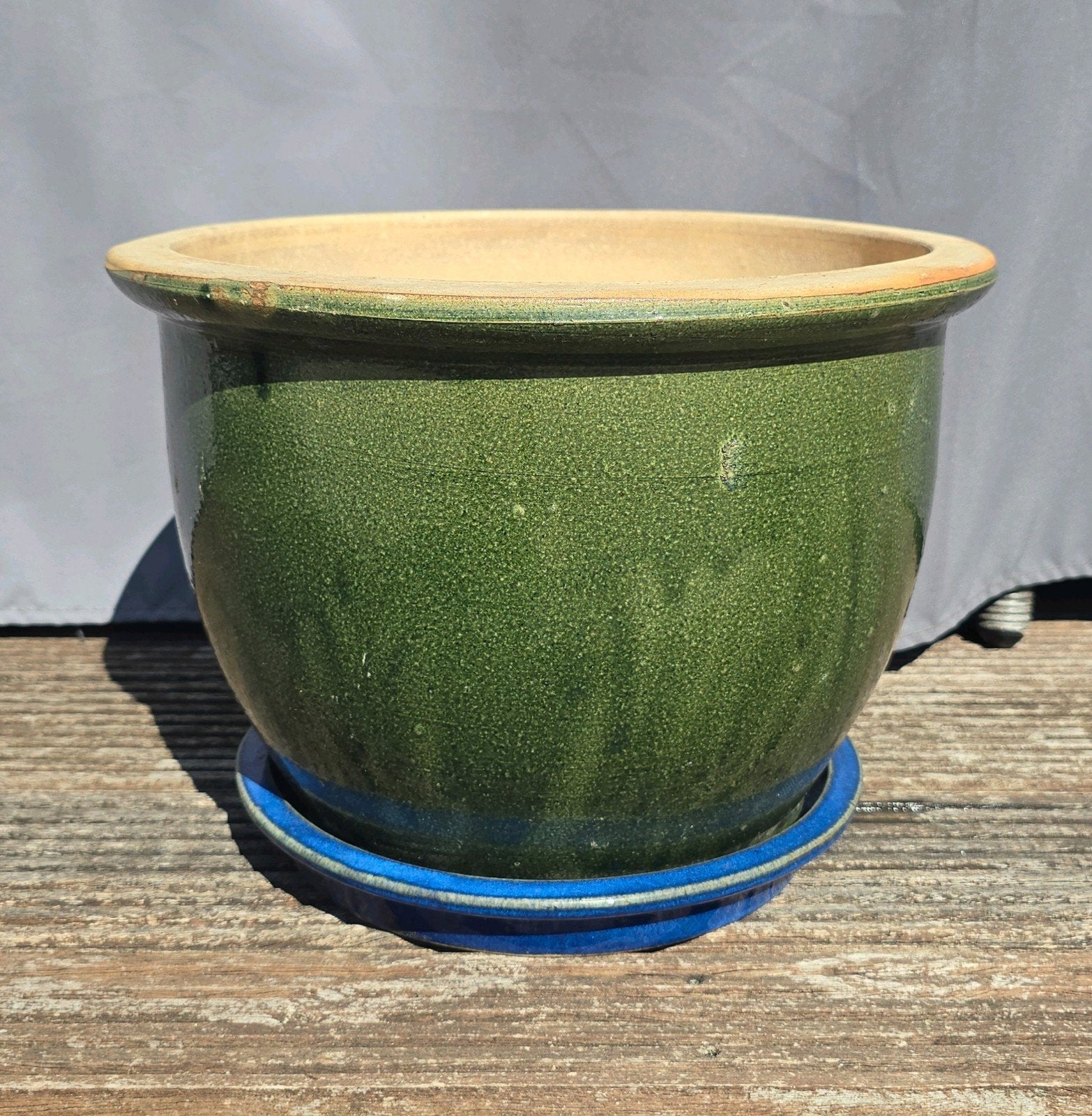 Grote Groene Chinese Geglazuurde Bloempot met Blauwe Schotel, Rond, Zo goed als nieuw, Minder dan 40 cm, Balkon