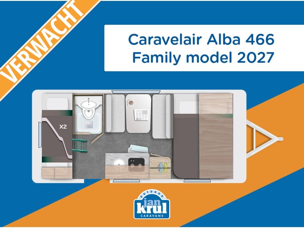 Caravelair Alba Family 466, Caravans en Kamperen, Dwarsbed, Bedrijf, Treinzit, Koelkast