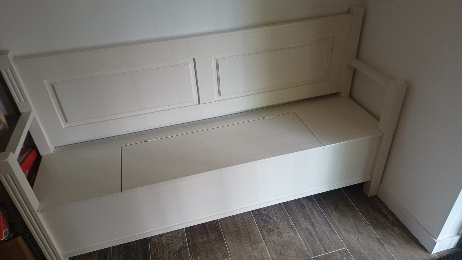 Creme houten klepbank met opbergruimte, Huis en Inrichting, Banken | Bankstellen, Ophalen, Gebruikt, Minder dan 75 cm, 150 tot 200 cm