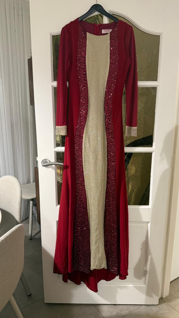 Elegante Galajurk Rood met Goud - Maat 38, Galajurk, Zo goed als nieuw, Rood, Ophalen