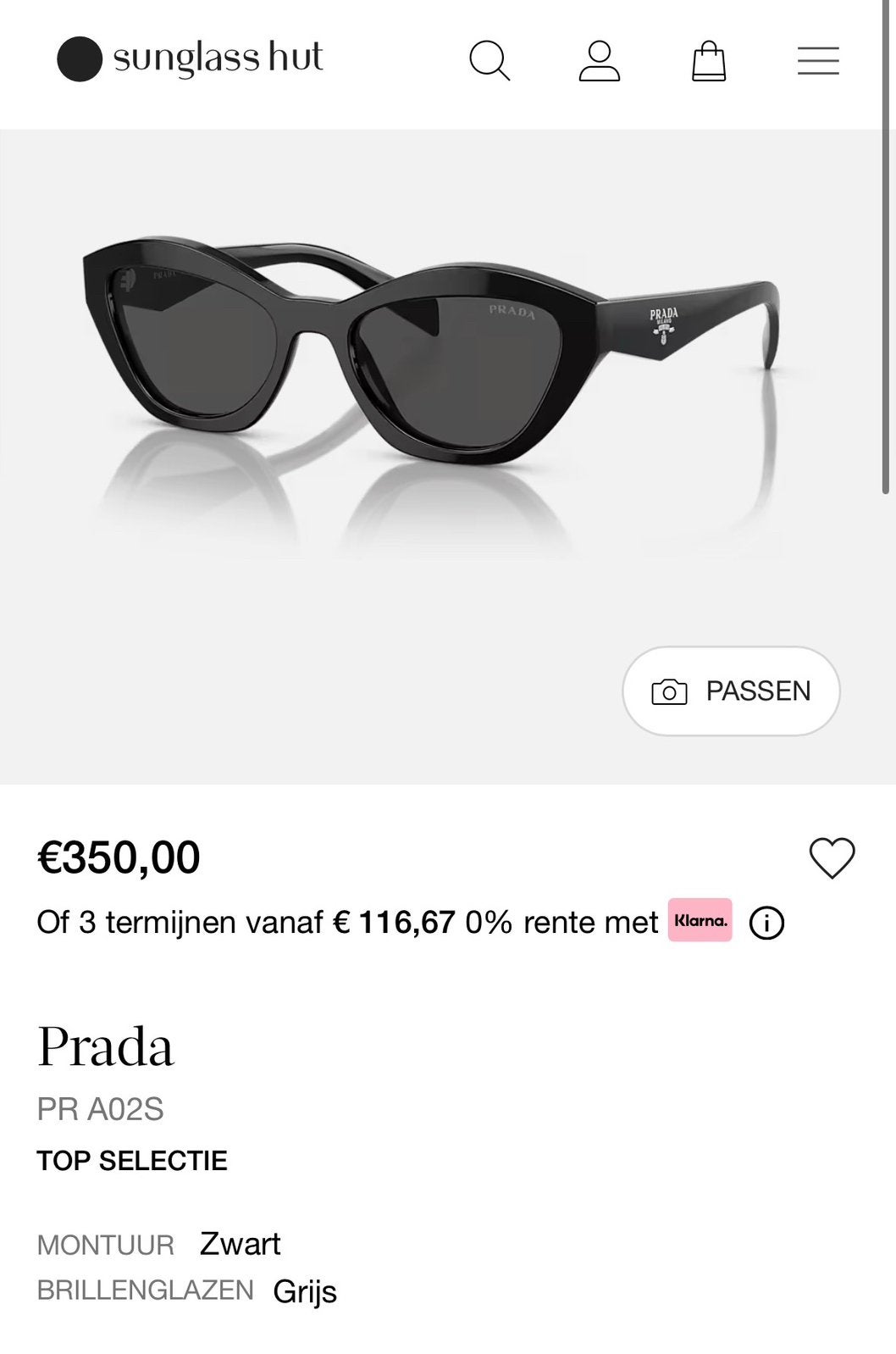 Prada PR A02S Zonnebril- Nieuwstaat | Compleet, Sieraden, Tassen en Uiterlijk, Ophalen of Verzenden, Zo goed als nieuw, Zwart