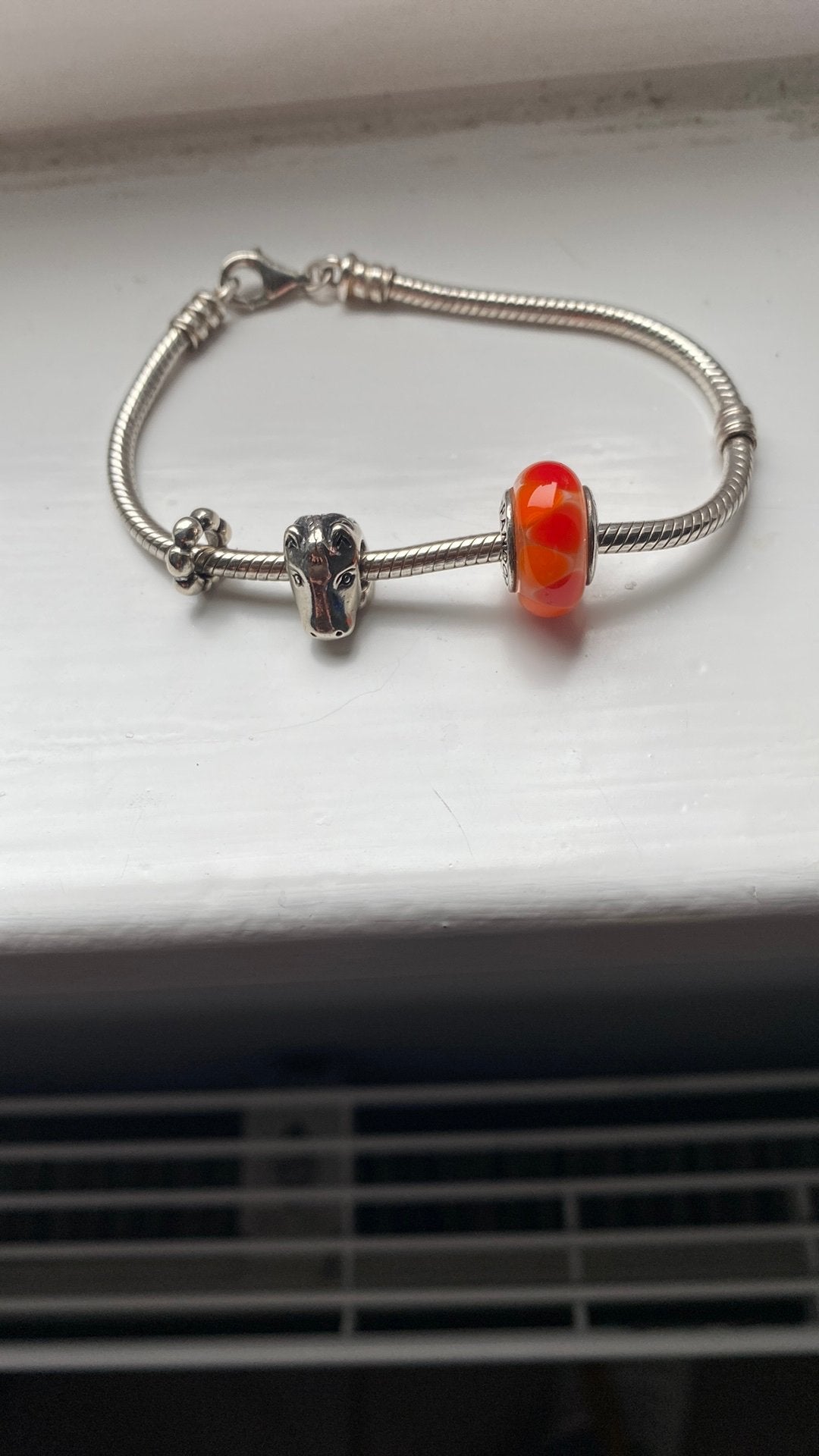 Zilveren pandora armband met oranje muranobedel, Sieraden, Tassen en Uiterlijk, Bedels, Ophalen of Verzenden, Zo goed als nieuw