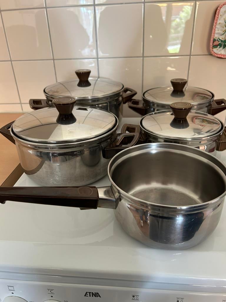 Vintage BK pannenset, Huis en Inrichting, Keuken | Potten en Pannen, Ophalen, Zo goed als nieuw, Rvs, Pannenset
