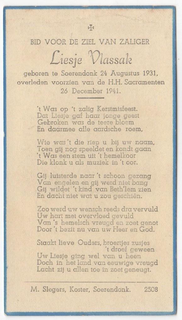 Liesje Vlassak 1931 Soerendonk-1941 Soerendonk, 10 jaar oud, Verzamelen, Verzenden