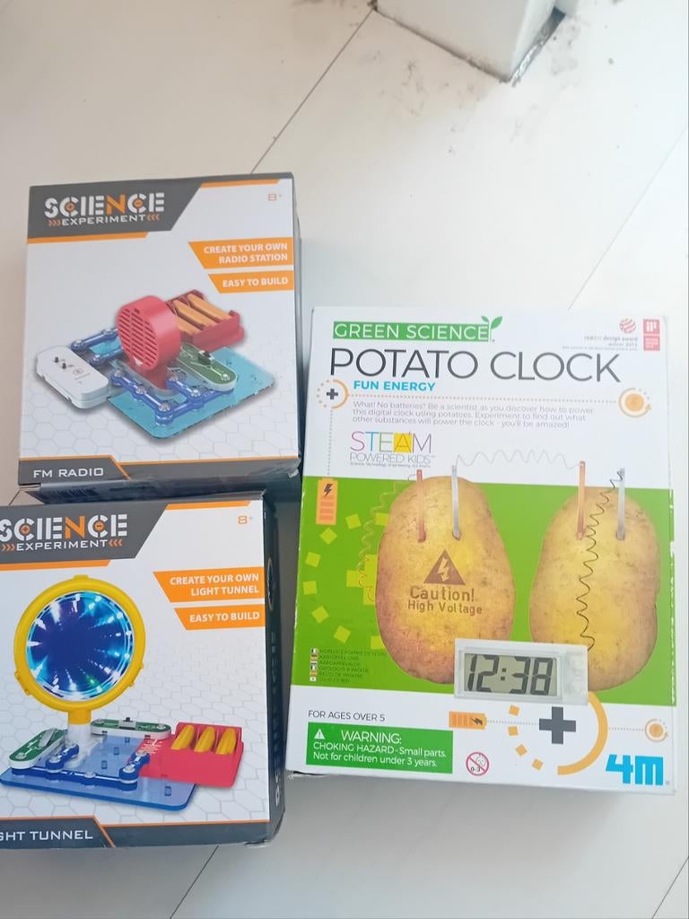 Science Experiment Kits: Radio, Lichttunnel & Aardappelklok, Ophalen, Zo goed als nieuw, Bouwen, Met licht