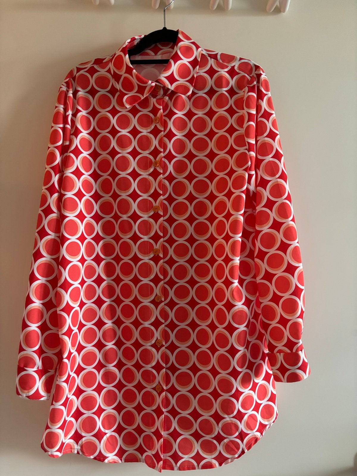 Vintage look Oranje Blouse met Cirkelprint maat M, Ophalen of Verzenden, Zo goed als nieuw, Maat 38/40 (M), Oranje