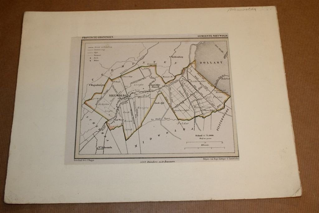 Antieke handgekleurde kaart - Gemeente Nieuwolda - 1862 !!, Boeken, Atlassen en Landkaarten, Gelezen, Ophalen of Verzenden, Landkaart