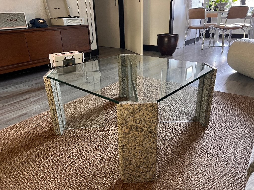 Salontafel glas/graniet jaren ‘70 Vintage, 50 tot 100 cm, Glas, Overige vormen, 5 – 50