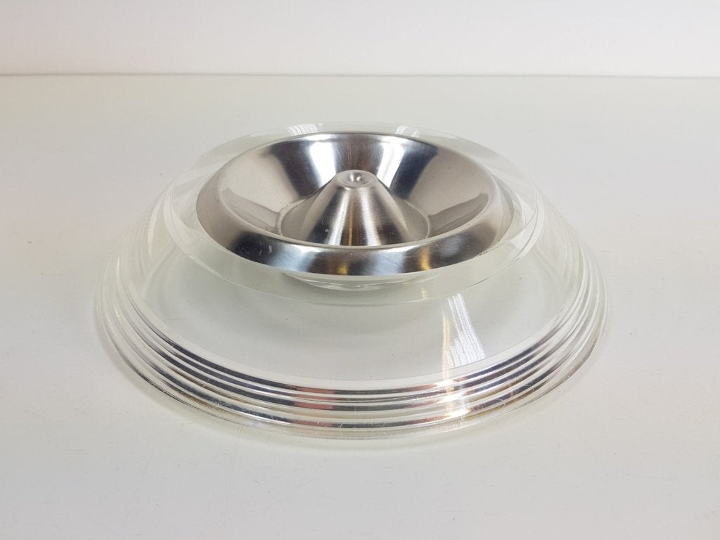 Vintage plexiglas sleutel schaal asbak lucite rvs Italië ‘70, Kunststof, Schaal, Rond, Ophalen of Verzenden