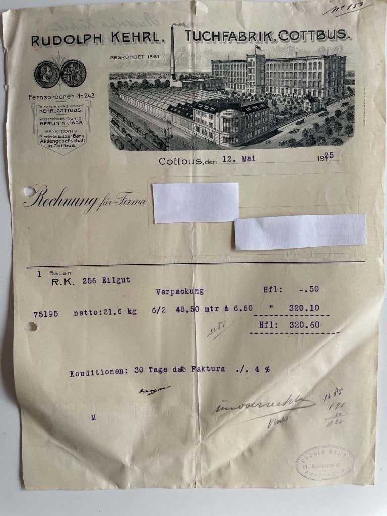 Cottbus; Rudolph Kehrl, Tuchfabrik 1925 factuur, Ophalen of Verzenden, 1920 tot 1940, Gelopen, Duitsland