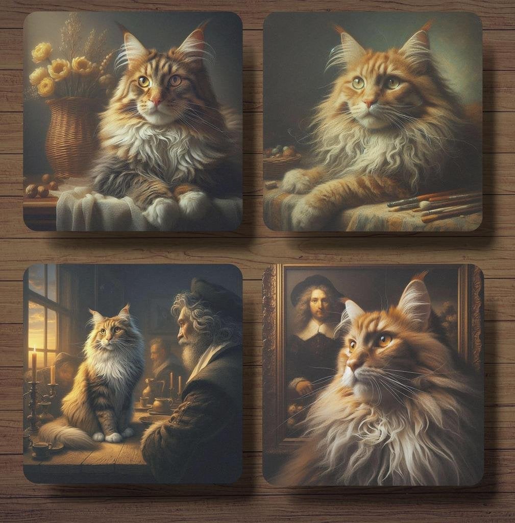 Maine Coon Rembrandt stijl onderzetters met houder, Ophalen of Verzenden, Nieuw